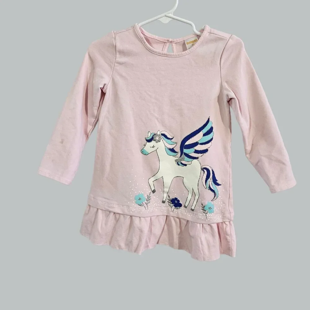 Gymboree Toddler Girls Pink Long Sleeve Pegasus Unicorn Ruffle Hem Dress 2T